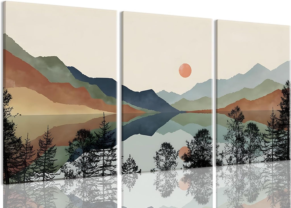 Canvas Wall Art Framed Mountain Wall Art Set of 3 Boho Watercolor Nature Landscape Picture Decor Sun Forest Abstract