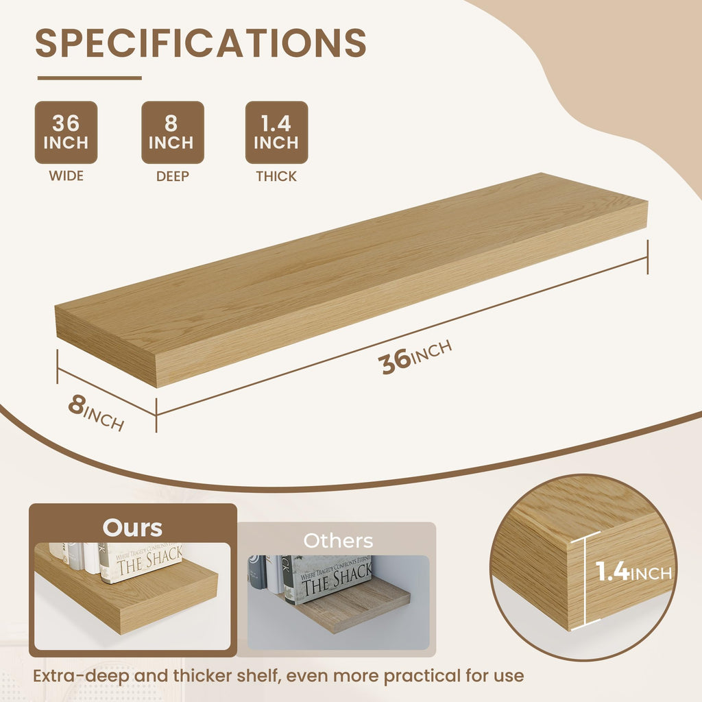 36 Inches Wall Mounted Wood Floating Shelves, Oak, 2 Pack