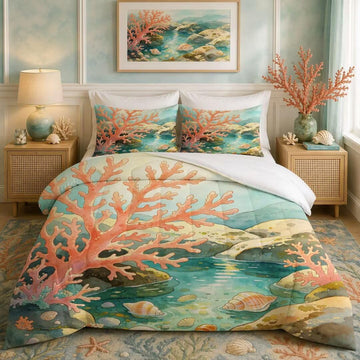 2 Pcs Watercolor Coral Seashell Comforter Set Coastal Bedding
