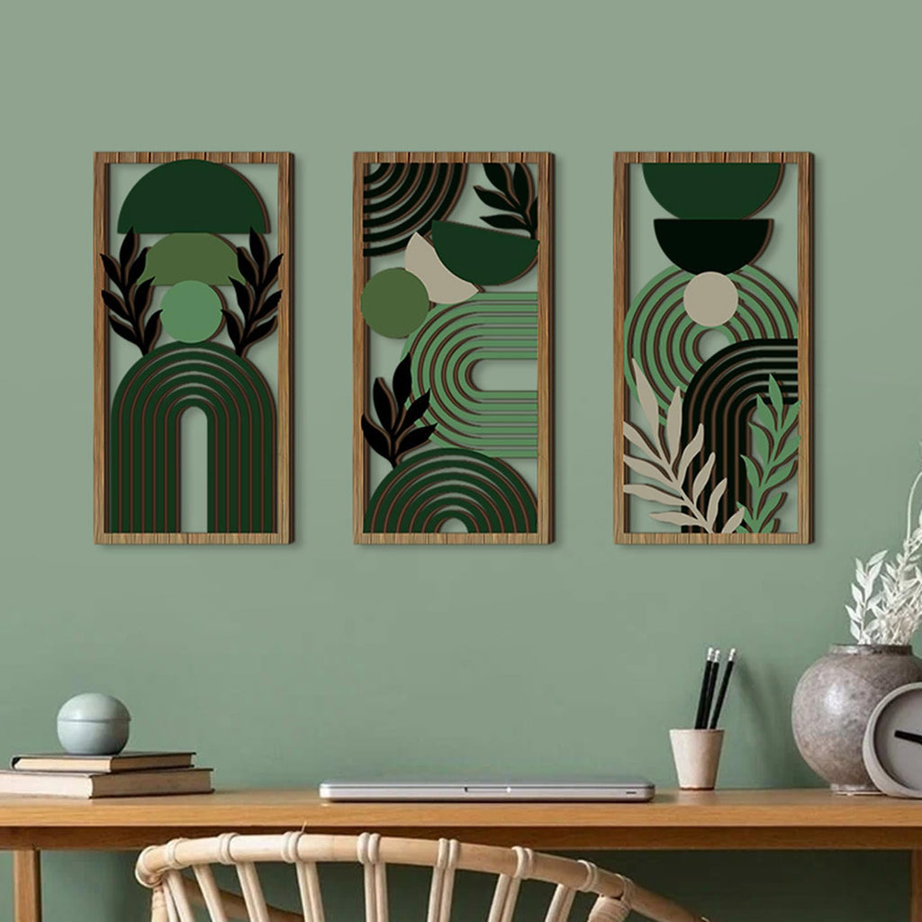 LB Modern Geometric Wall Art Set of 3, Boho Abstract Mid Century Wall Decor Wooden Framed, Green Striped Black Leaf