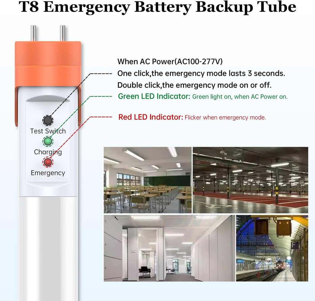 Emergency T8 LED Tube 4ft with Battery Backup, Hardwired G13 Light Bulbs