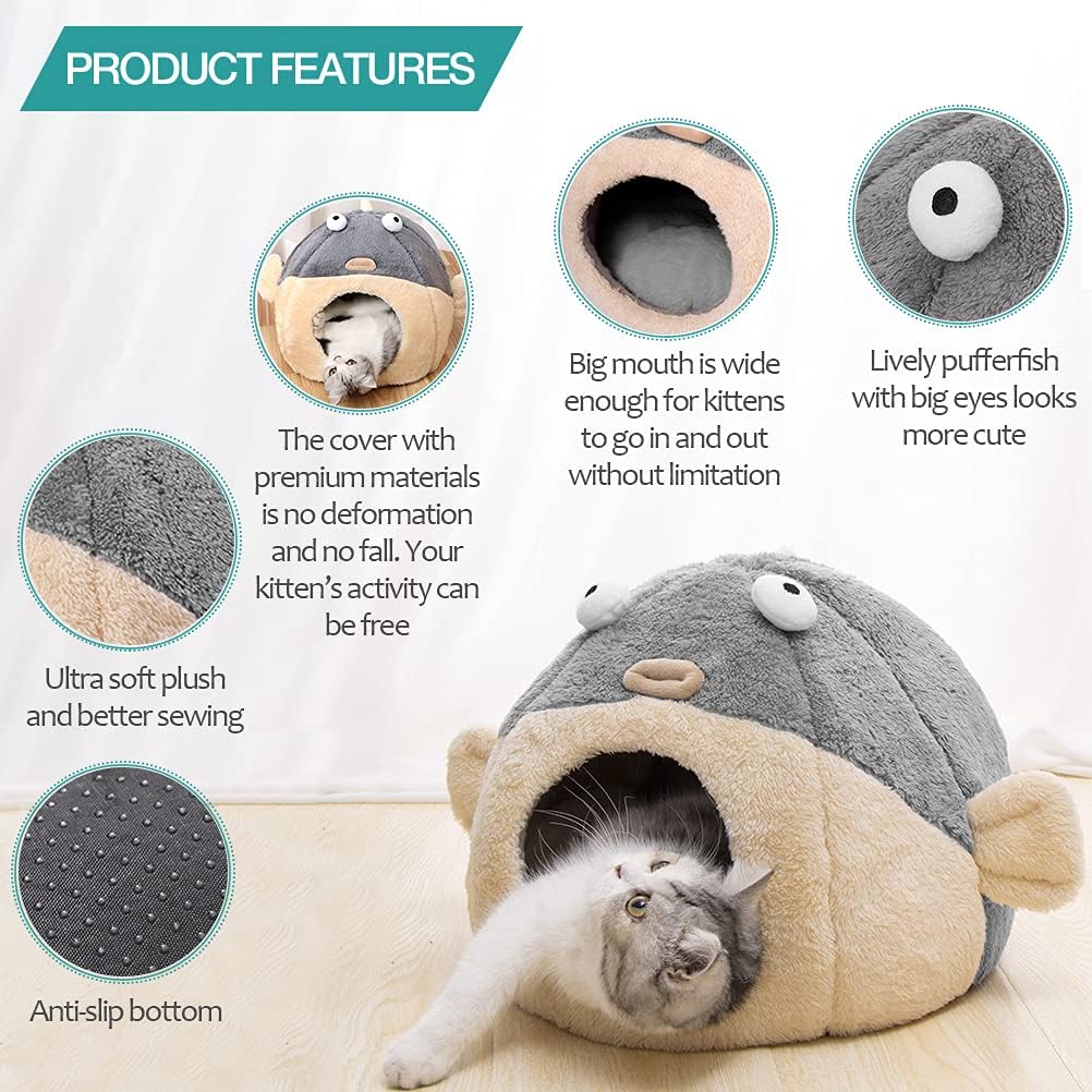 Cat Beds for Indoor Cats-Cat Bed Cave, Cute Lively Pufferfish shape, Grey L