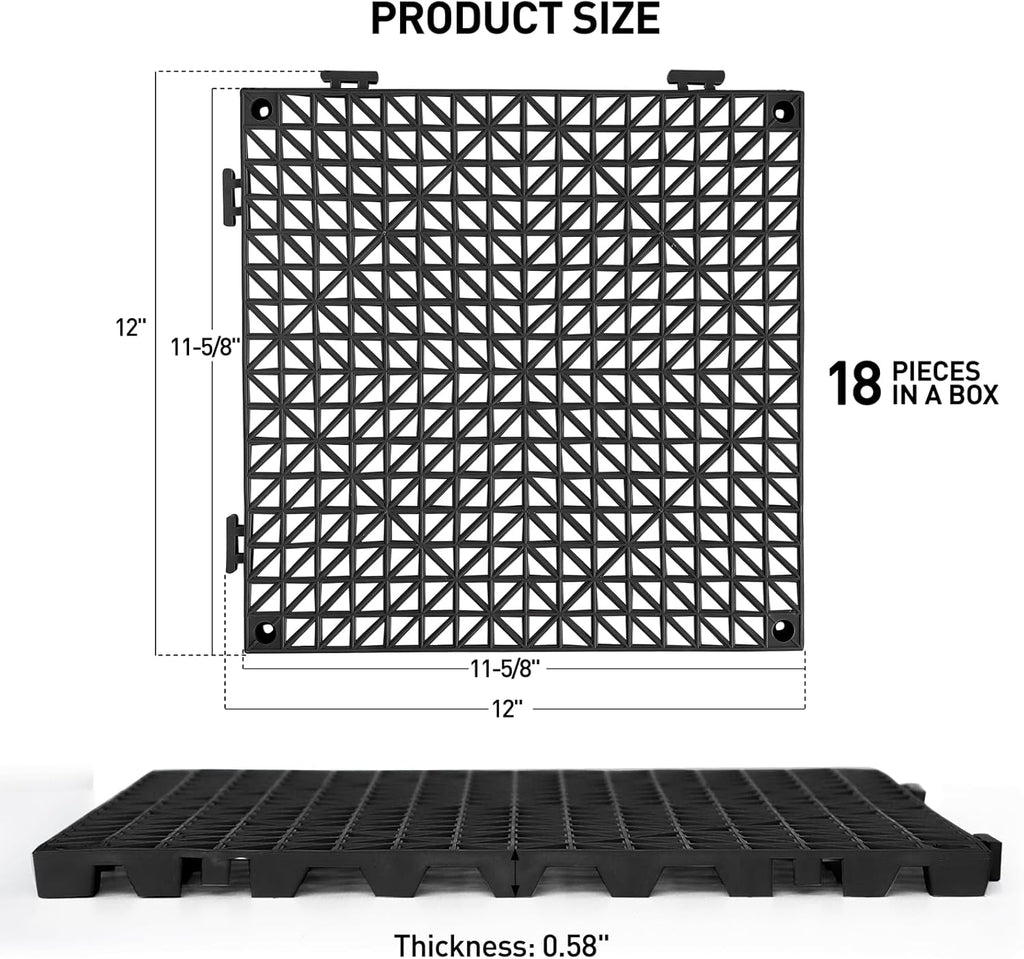 18 Pack 12" x 12" Modular Interlocking Floor Mats, Soft PVC Non-Slip Drainage Tiles, Splicing Rubber Cushion Flooring