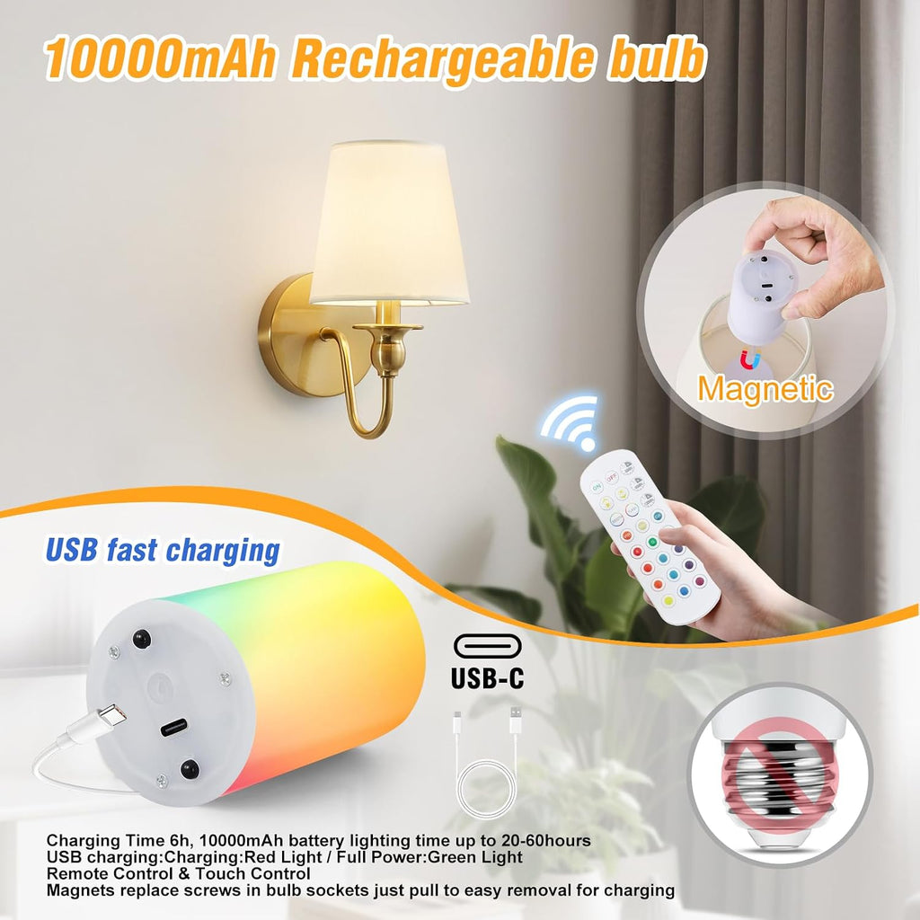Battery Operated Wall Sconces set of Two,Wireless Wall Sconces with 10000mAh Dimmable Bulb and Remote,LED 15 Colors