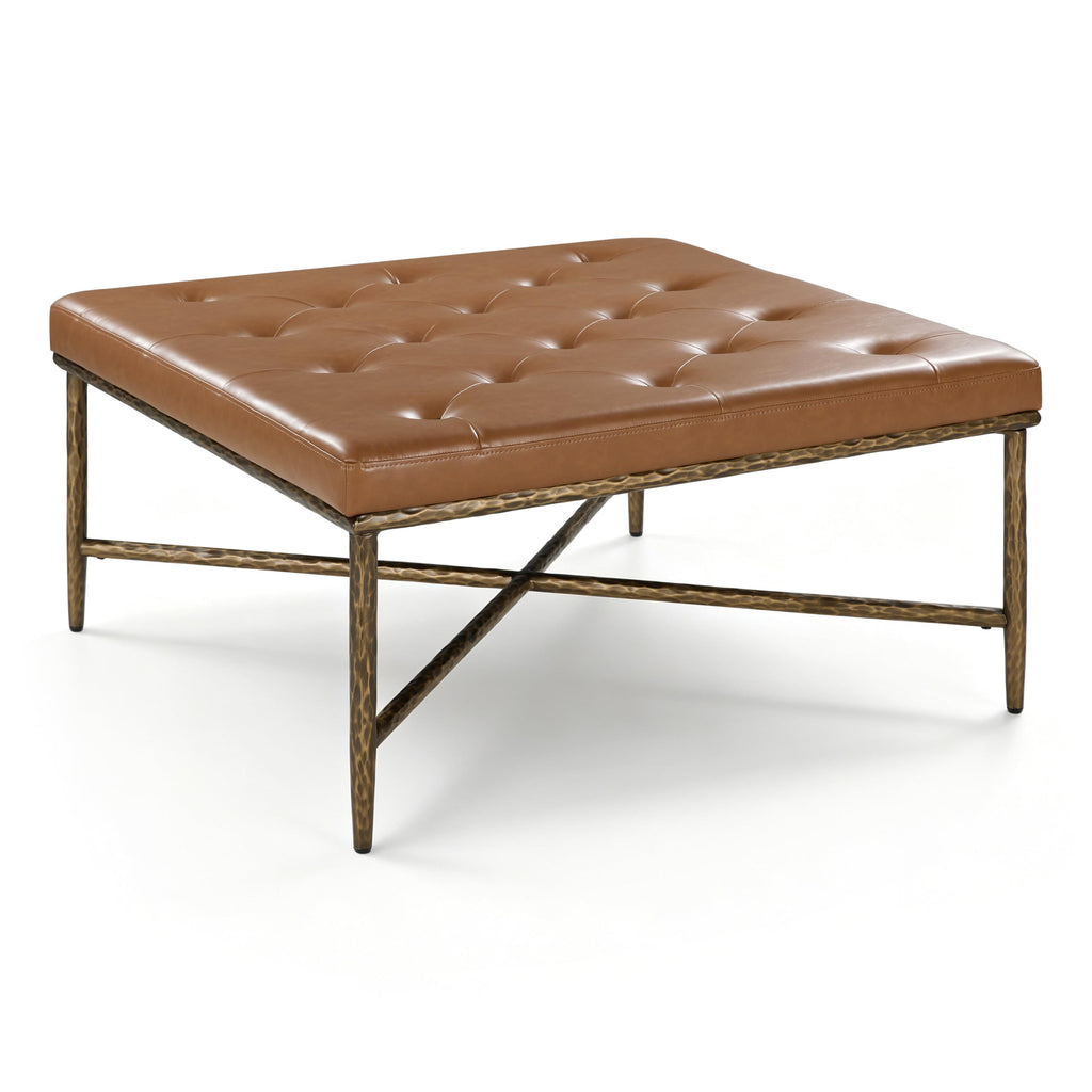 36" Square Tufted Ottoman Coffee Table, PU Leather Footstool (Brown)