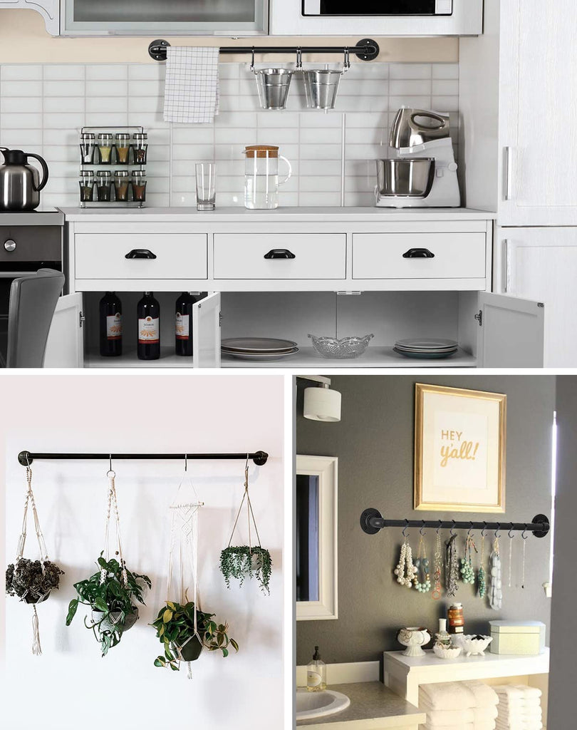 Industrial Pipe Pot Pan Rack 21" (2 Pack), Wall mount Pot hangers Pan Hanging Rail Lid Hanger with 10 S Hooks