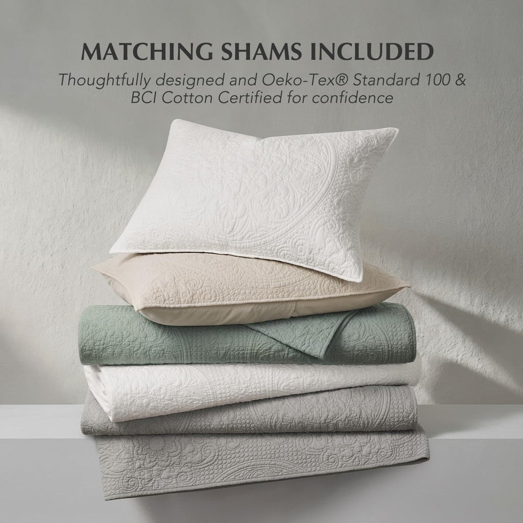100% Cotton Medallion Stitch Quilt Set, Soft Sea
