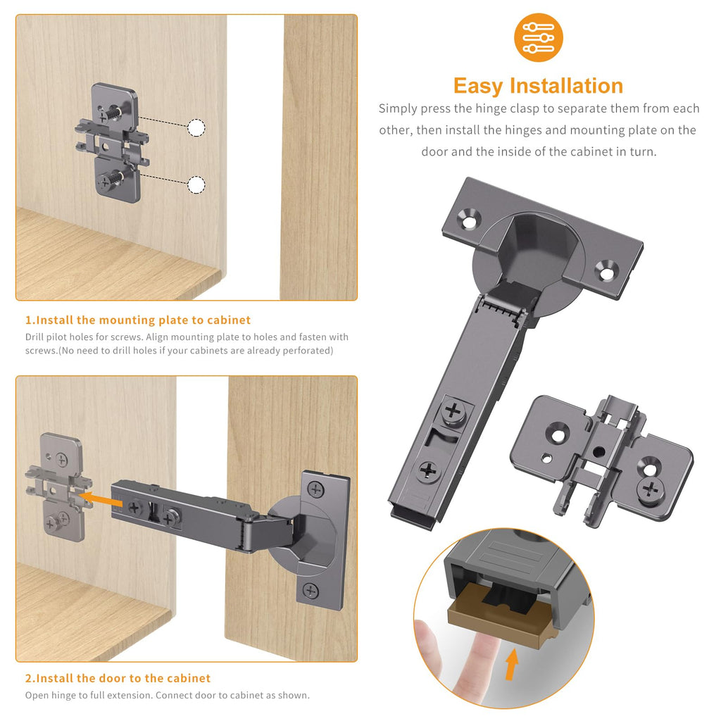2 Pack Frameless Full Overlay Soft Close Concealed Hinges, Black Titanium Plated, Self Closing, 105° Open Angle 3D