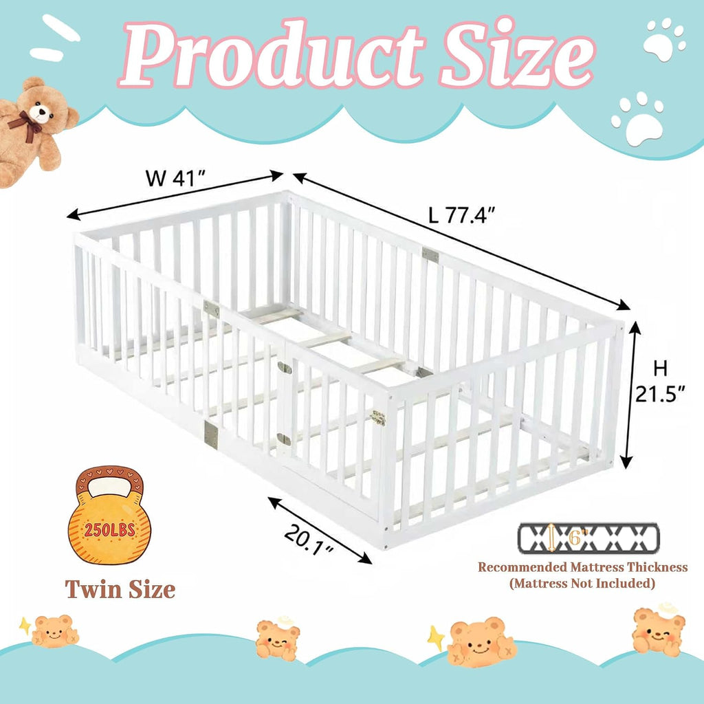 Montessori Floor Bed with High Rails, Door & Slats for Kids, White