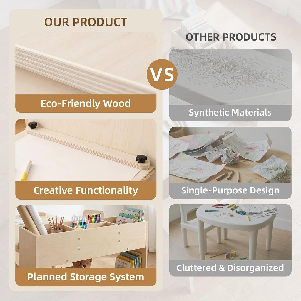 Kids Table and Chair Set, Wooden Toddler Activity Table with Storage Cabinet, Birch Art Desk for Drawing, Crafts
