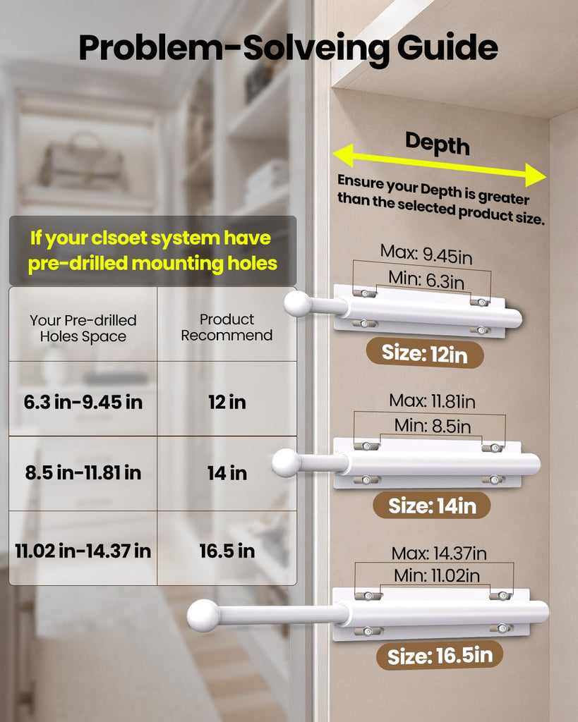 12" Valet Rod for Closet Pull Out, 2-Pack, White