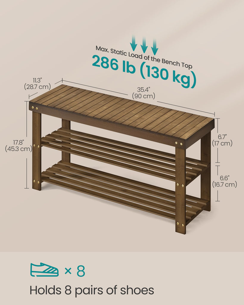 Shoe Rack Bench, 3-Tier Bamboo Entryway Bench, 35.2 Inches Width
