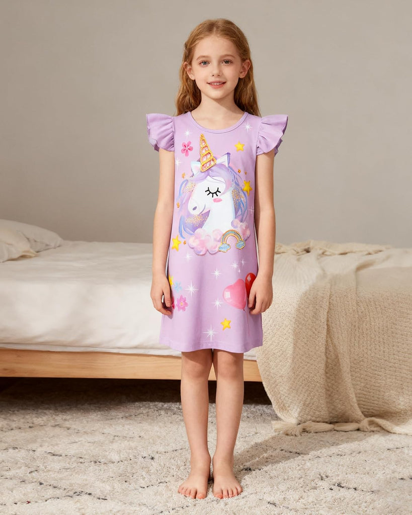 2Pcs Girls Nightgowns Flutter Short Sleeves Dress Nightdress Sleepwear Pajamas Nightgowns for Girls