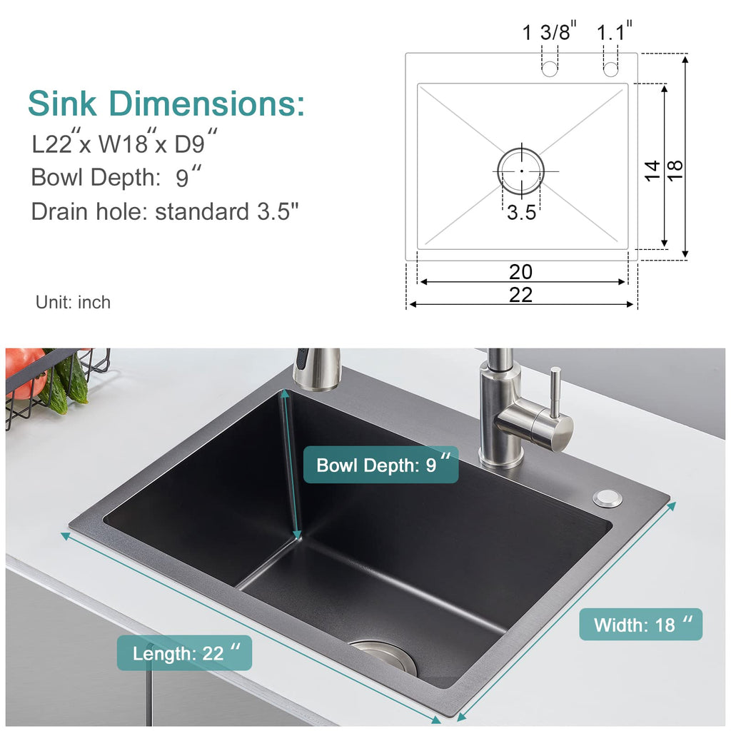 Drop in - 22"×18" Single Bowl Topmount Sink, Black