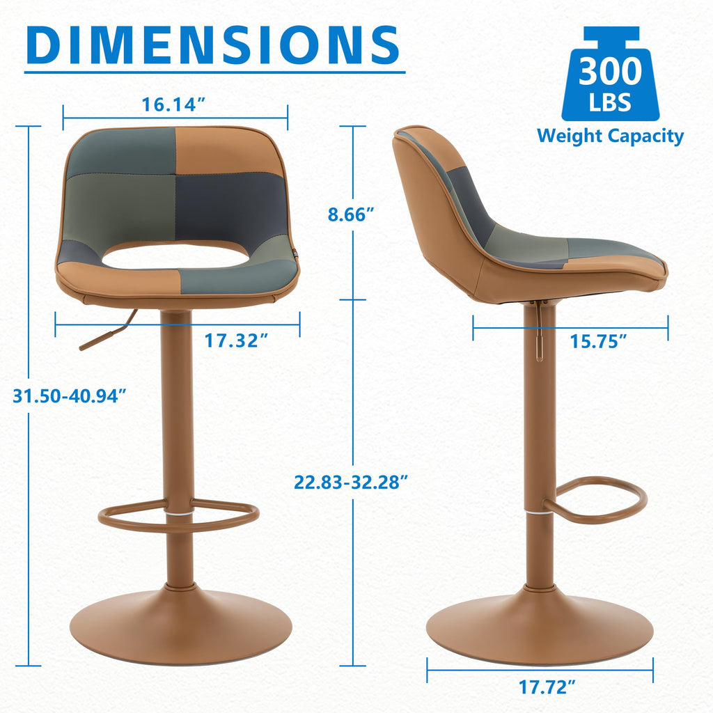 Bar Stools Set of 2, Boho Colorful Patchwork Barstools, Adjustable Swivel Counter Height Bar Stool Faux Leather