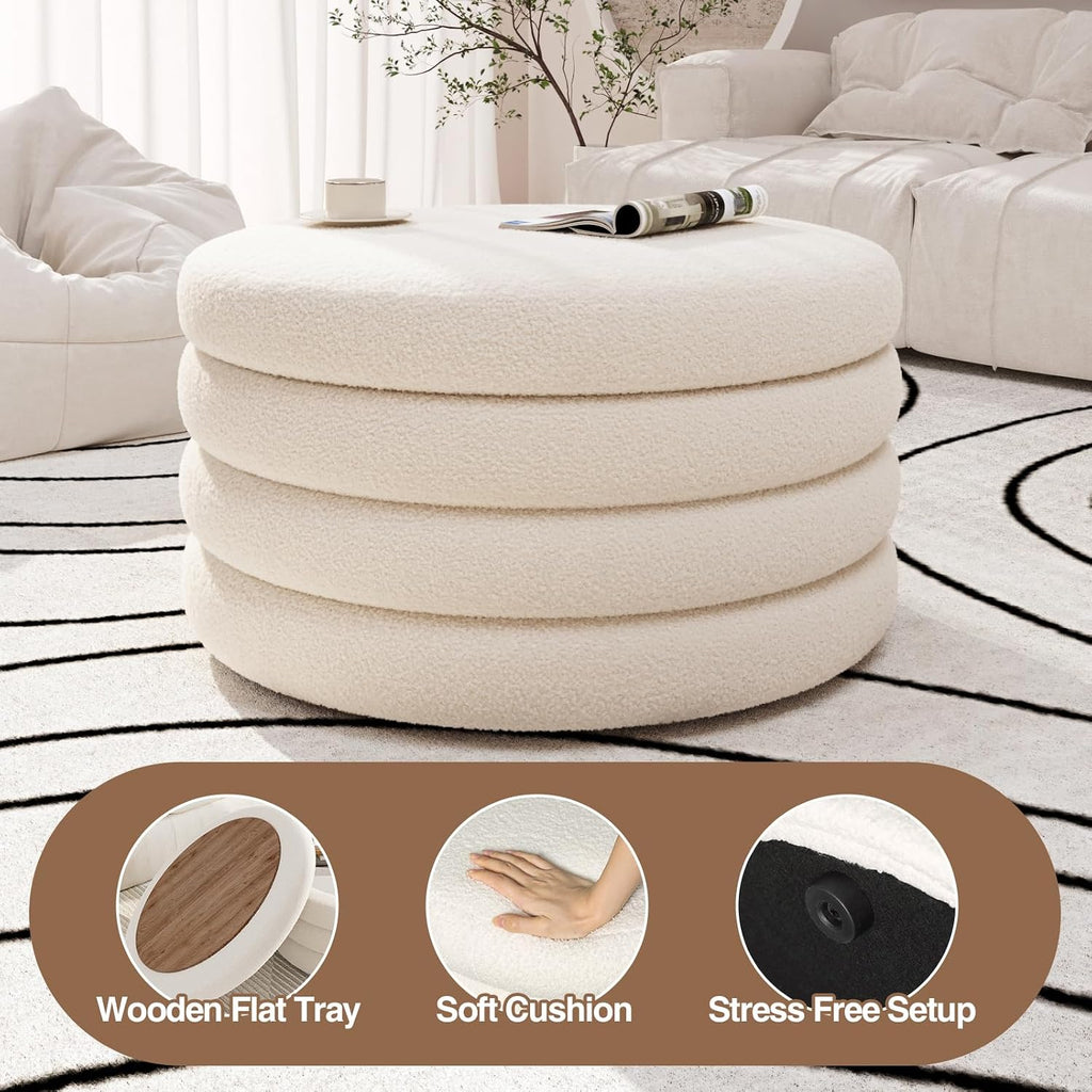 30 Inch Round Ottoman with Storage,Large Sherpa Coffee Table | Modern Ottomans with Removable Lid