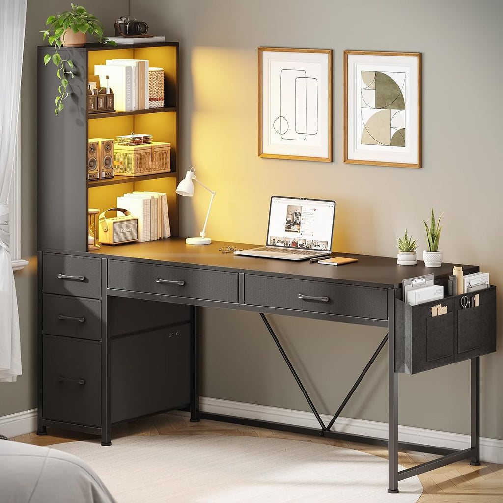 Computer Gaming Desk with 5 Drawers and Bookshelf, Reversible Home Office Desk with Storage Shelves and File Drawer