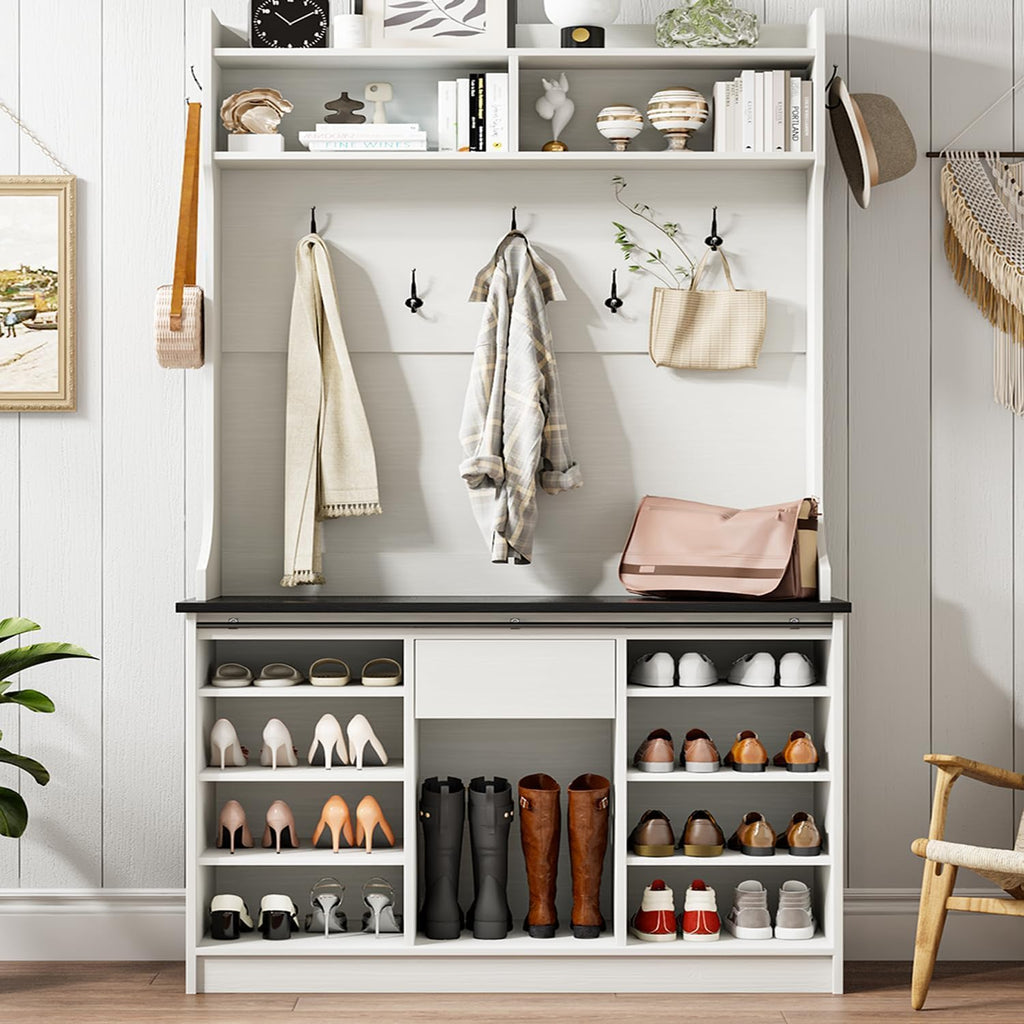 Farmhouse Hall Tree with Bench & Shoe Storage, White
