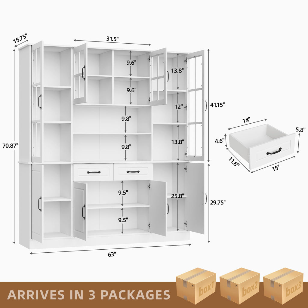 71" Tall Kitchen Pantry with Glass Doors, 63'' Wide Storage Cabinet with Drawers & Shelves, Large Kitchen Hutch China