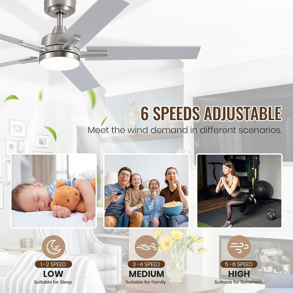 Ceiling Fans with Lights, 52 inch Brushed Nickel Ceiling Fans with Lights and Remote Control, Reversible, 3CCT