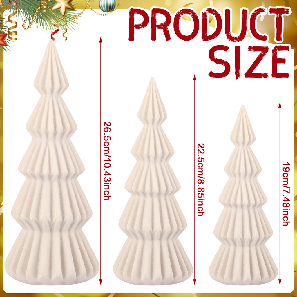 Set of 3 Velvet Ceramic Christmas Tree Decor, Cream White