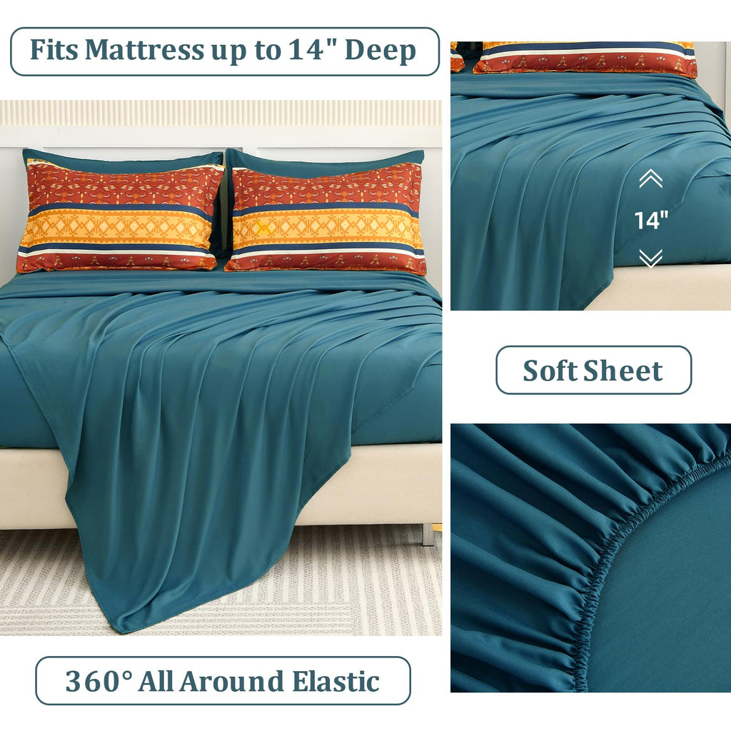 Boho Comforter Set Queen Size, Burnt Orange Fall Bedding