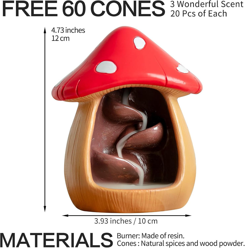 Cute Mushroom Incense Holder with 60 Incense Cones, Handmade Waterfall Backflow Incense Burner, Nature Theme Incense - Set of 60