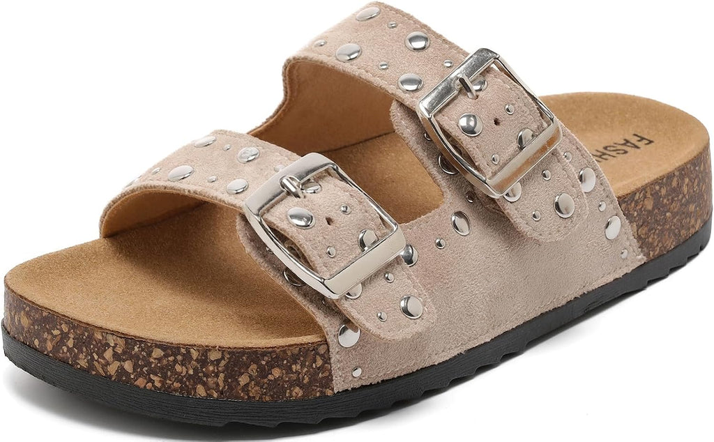 Kids Cork Footbed Sandals Boys Girls Fashion Studded Double Buckle Slides