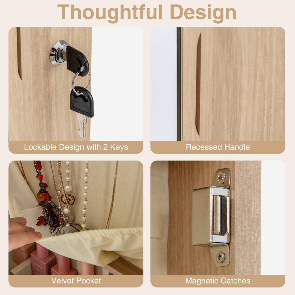 Wall Door Jewelry Armoire, 47.5" H Full Length Mirrored Jewelry Cabinet with 2 LED Lights and 2 Drawers, Lockable