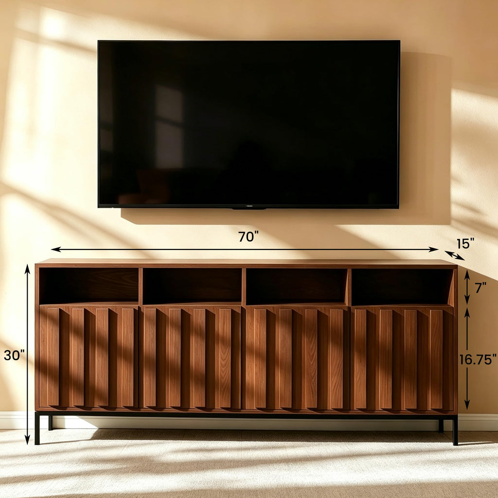 70" Walnut Fluted TV Stand for up to 80" TVs with Power Outlets