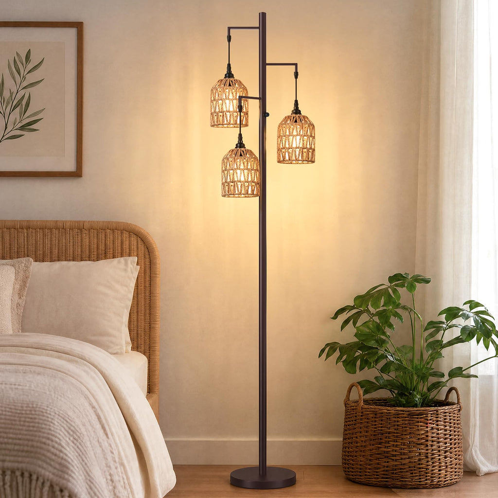 70'' Tall Floor Lamp, 3-Light Rattan Standing Lamp, Brown