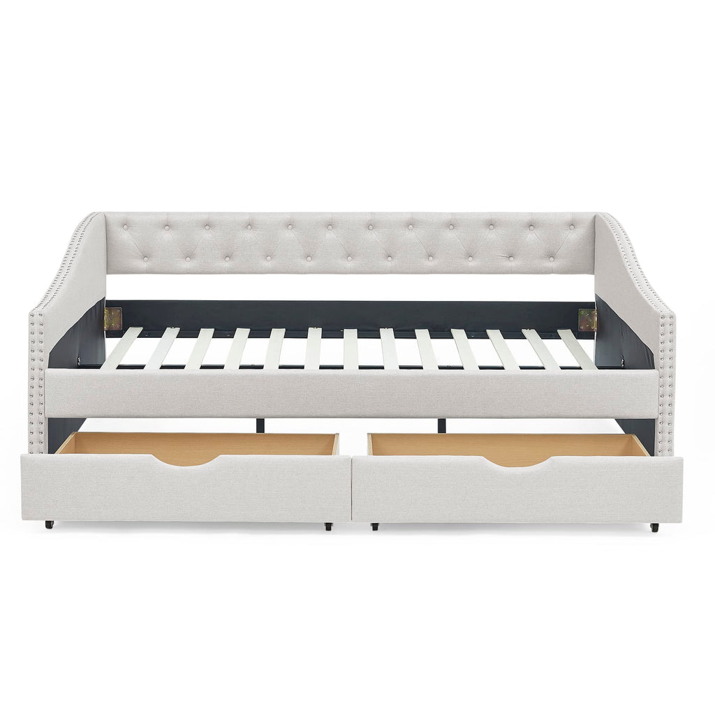 Full Size Upholstery Daybed with 2 Drawers and Headboard, Mid-Century Style Tufted Sofa Bed with Button on Back, Easy