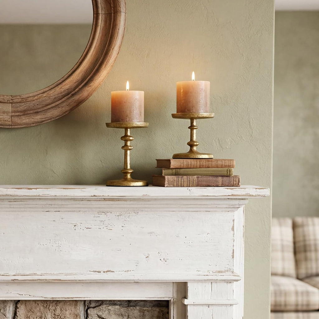 Gold Cast Iron Pillar Candle Holders Set of 2 Farmhouse Candlesticks | Fireplace Mantel, Dinning Table Centerpieces