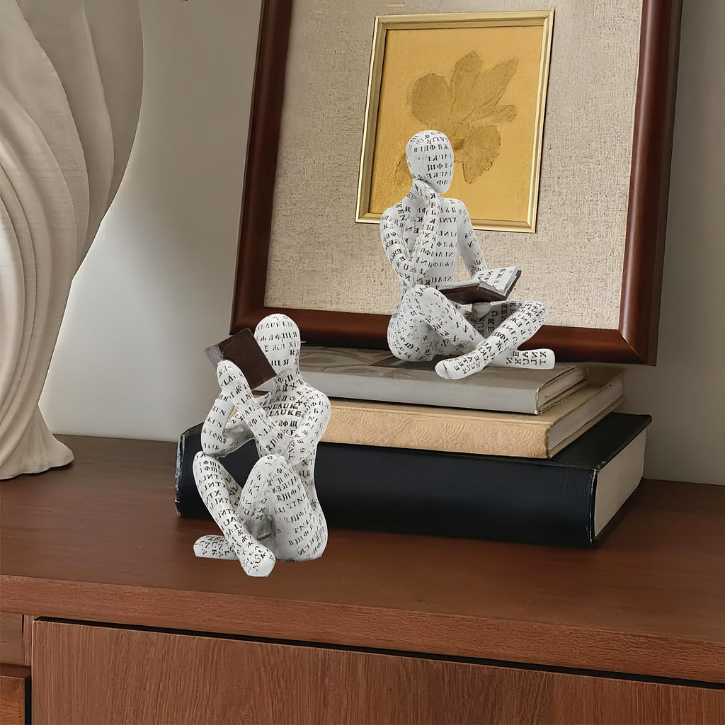 Abstract Art Pulp Reading Thinker Sculpture Bookshelf Decor, White, Set of 2