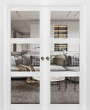 Sliding French Double Pocket Doors 72 x 96 inches Clear Glass 3 Lites| Lucia 2555 Matte White | Kit 