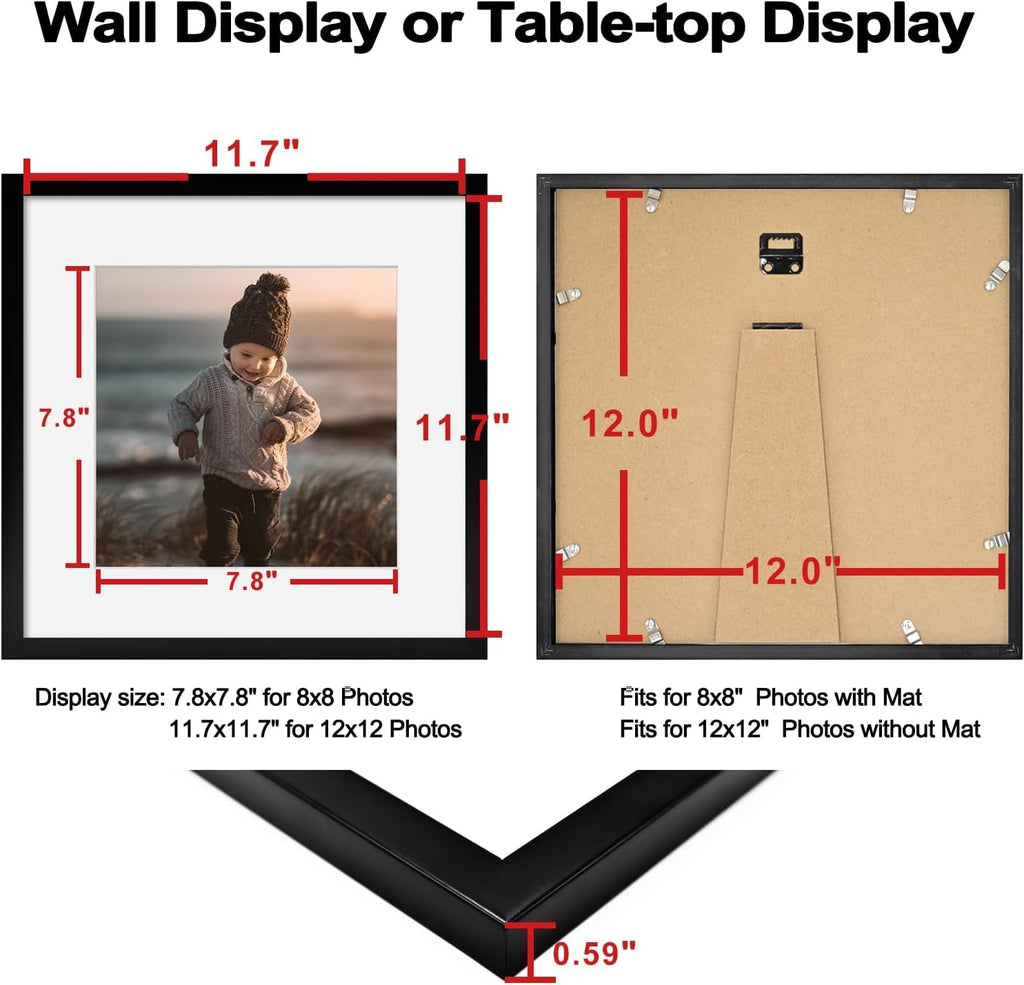 12x12 Frame Set of 9, Wooden 12 by 12 Square Picture Frames with Plexiglass for Picture 8x8 with Mat or 12x12 without