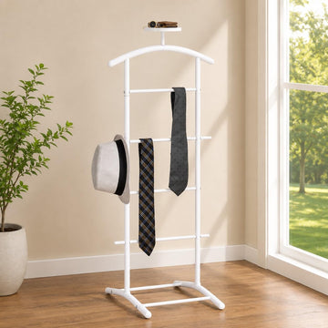 Freestanding Metal Suit Valet Stand with Tie Bar, White