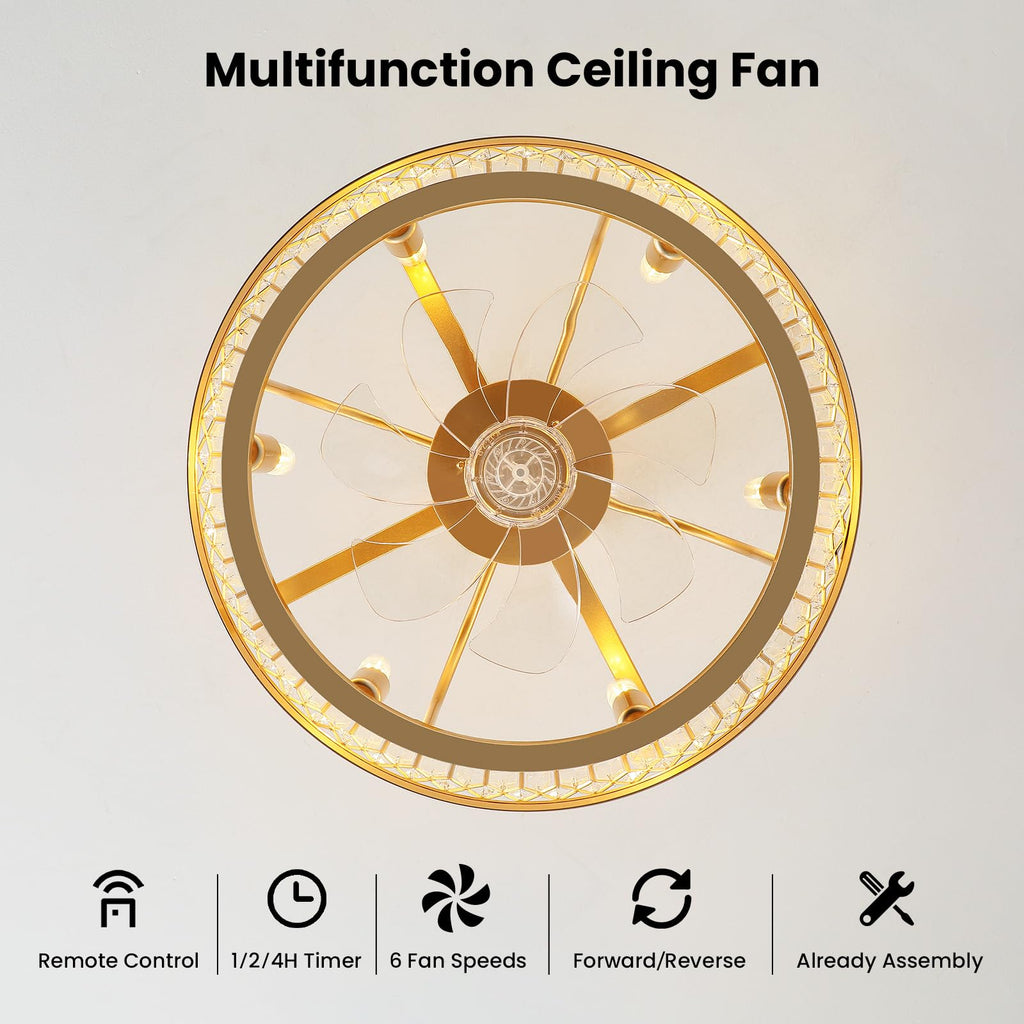 20" Gold Crystal Caged Ceiling Fan with Light, Modern Industrial Chandelier with Remote, 6 Speeds, Noiseless DC