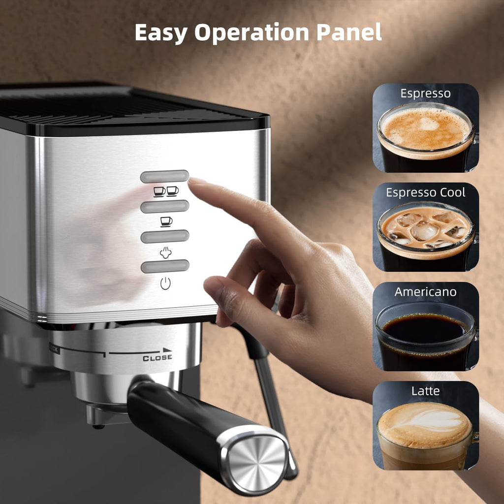 Espresso Machine with Steam Wand | 20-Bar Par Pump, Fast Cold Brew Function, 37oz Removable Water Tank, Stainless