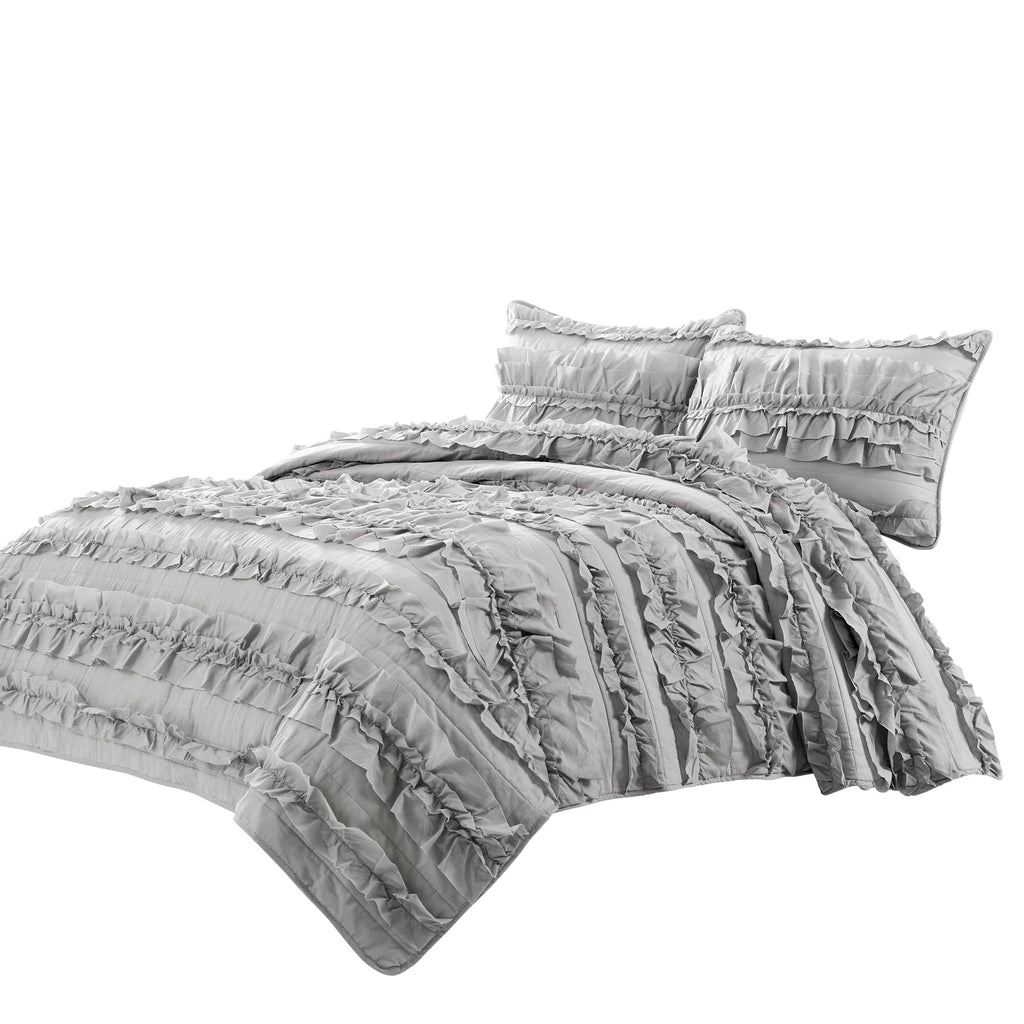 Belle Quilt 3 Piece Set Light Grey - Ruffle Bedding Set - Cute Quilt - Coquette Decor