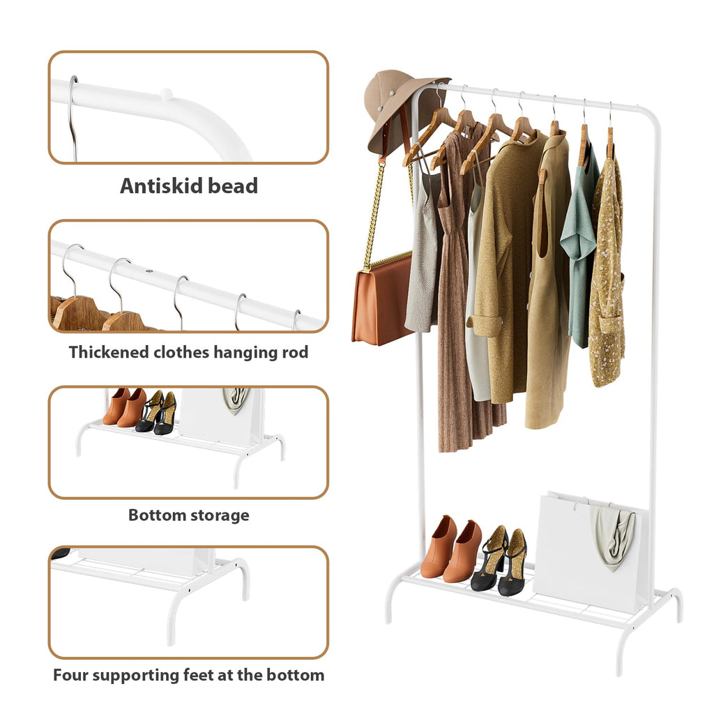 Small White Clothing Rack, Freestanding Metal Garment Rack with Bottom Shelf, Stable Clothes Rack for Small Spaces