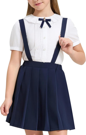 Girls Pleated Skirt Kids Suspender Uniform Skort Elastic Formal Overall Dress with Removable Straps