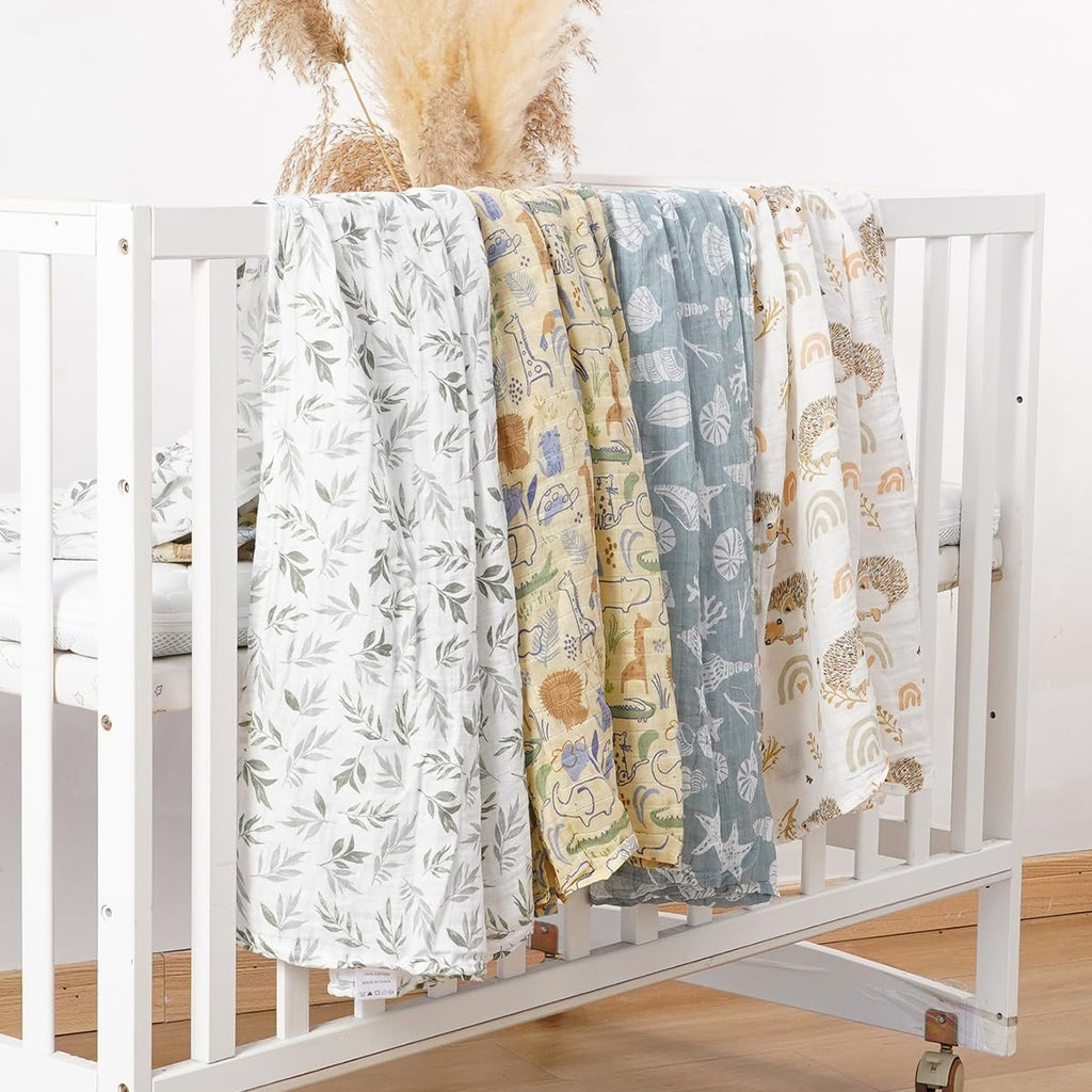 4 Set Muslin Swaddle Blankets Receiving Blanket for Baby | Boys, Girls Cute Soft Print Baby Towel Wrap