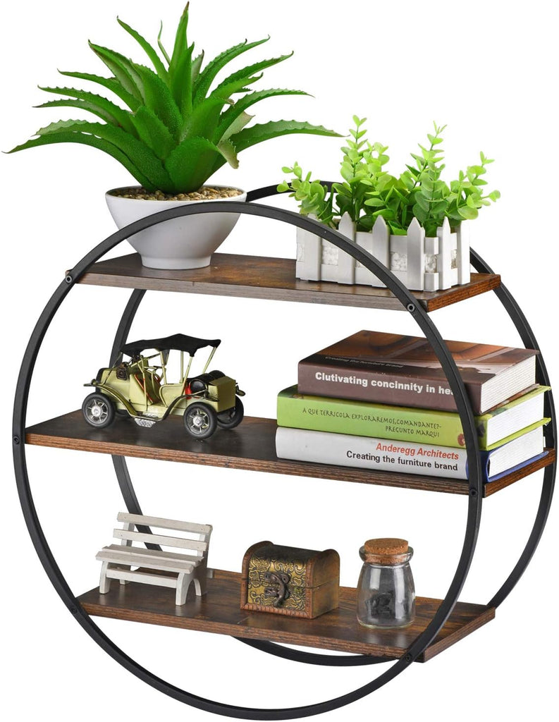Circle Shelf Wall Decor, 3 Tier Decorative Round Wall Shelf | Geometric Circle Metal and Wood, Circular Wall Shelf
