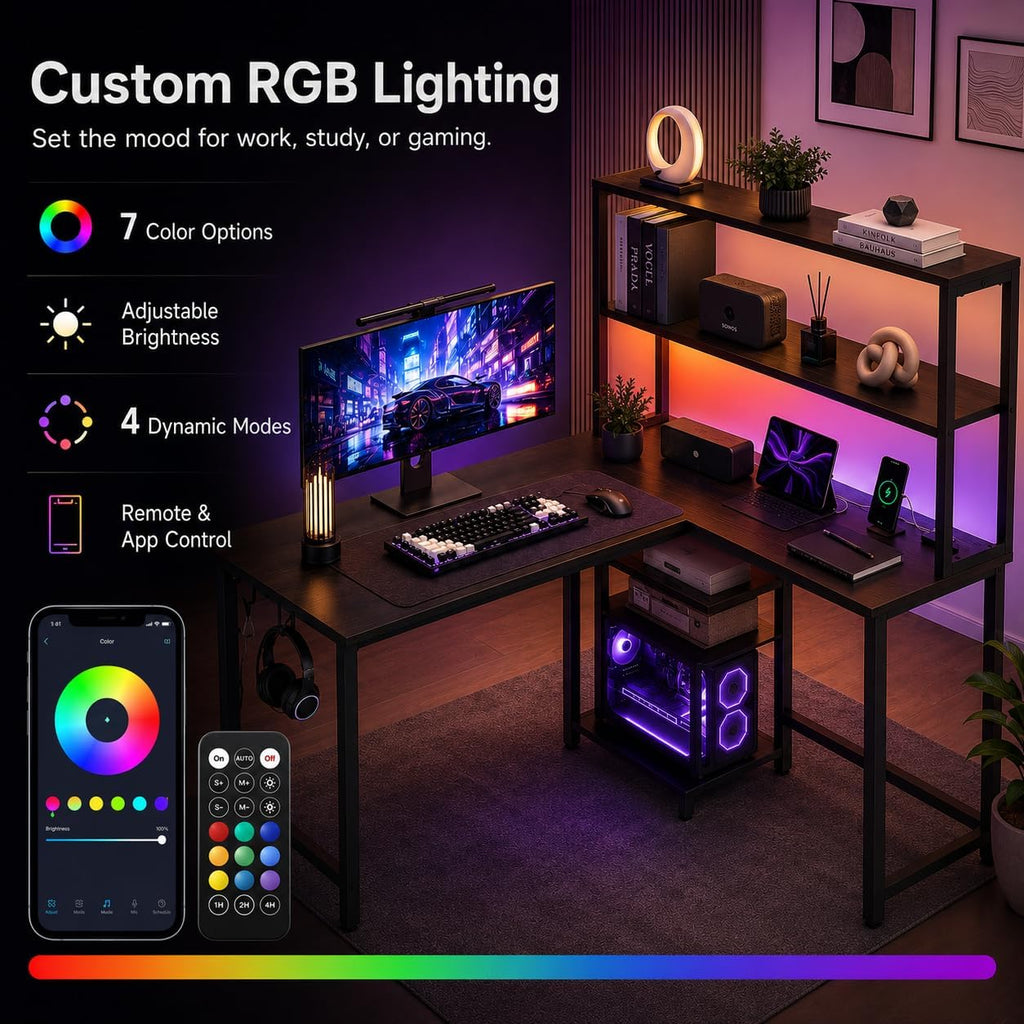 L Shaped Desk Gaming Desk with LED Light & Power Outlet, 43 Inch Reversible Computer Table with Shelf & Storage