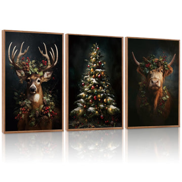 Dark Christmas Framed Wall Art Set, Vintage Christmas Highland Cow Canvas Wall Decorations, Modern Xmas Tree Reindeer