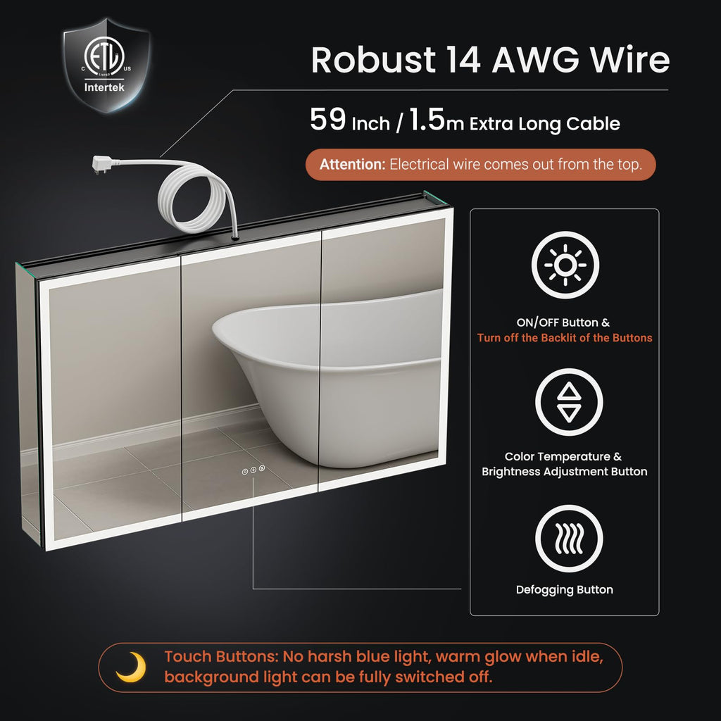 48x30 Black Medicine Cabinet with Lights, AL Alloy Frame, Plug-in/Hardwired, Recessed/Wall Mount, Anti-Fog, 3 Mirror