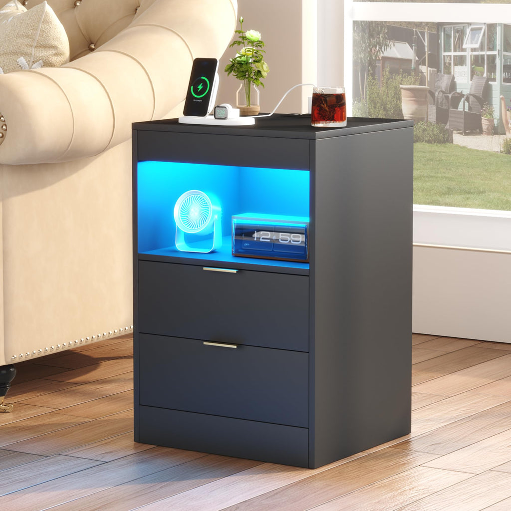 Night Stand, LED Nightstand with Charging Station, Black