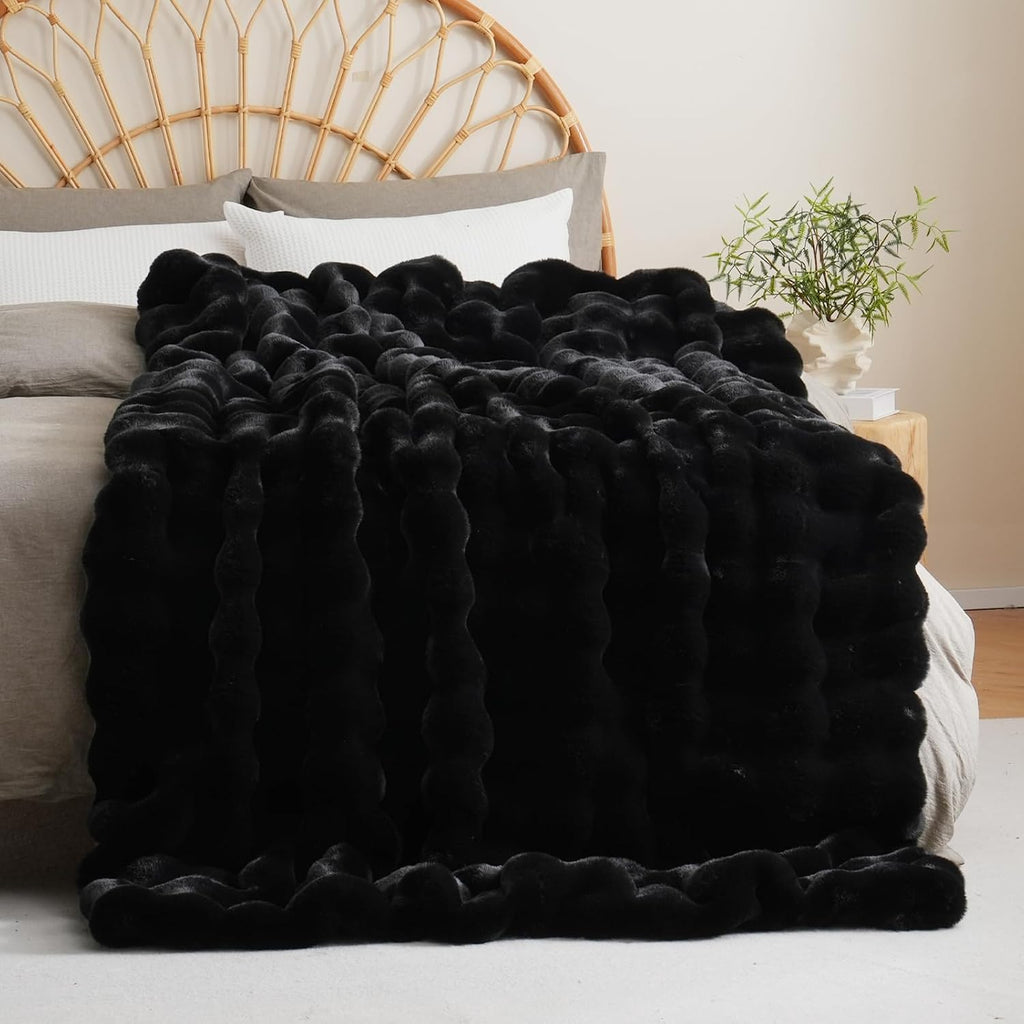 Faux Fur Throw Blanket for Couch Bed - Fluffy Soft Thick Bubble Blanket Home Decor - Fathers Day Birthday Gifts for