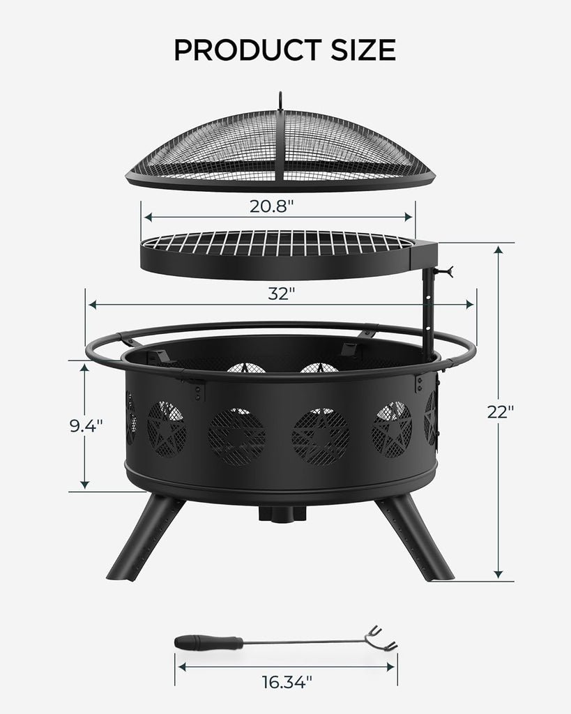 32 Inch Fire Pit with BBQ Grill & Mesh Cover, Wood Burning Fire Pits for Outside with Fire Poker